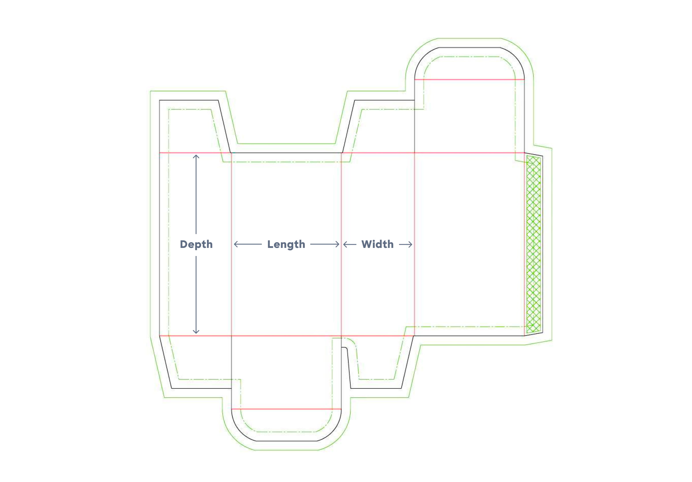 Length, width, depth (or height) of a box in a dieline form.