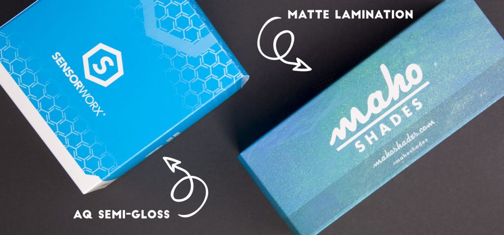 AQ semi-gloss and matte lamination on two custom boxes.