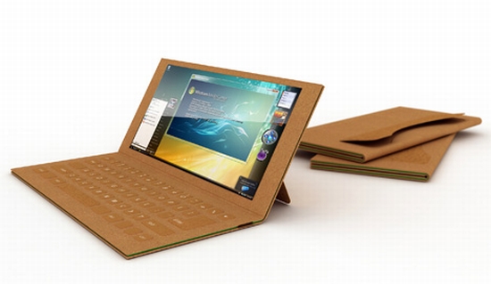 A laptop with a cardboard case.