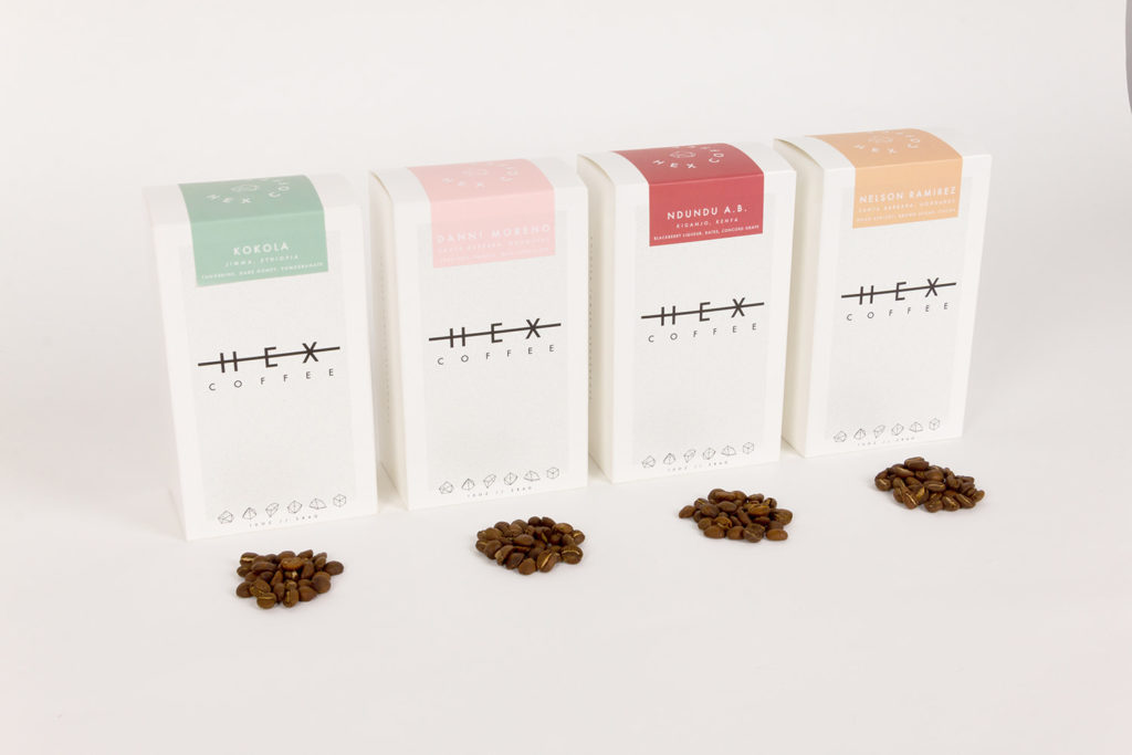 Head-on view of custom coffee packaging from Hex Coffee. 