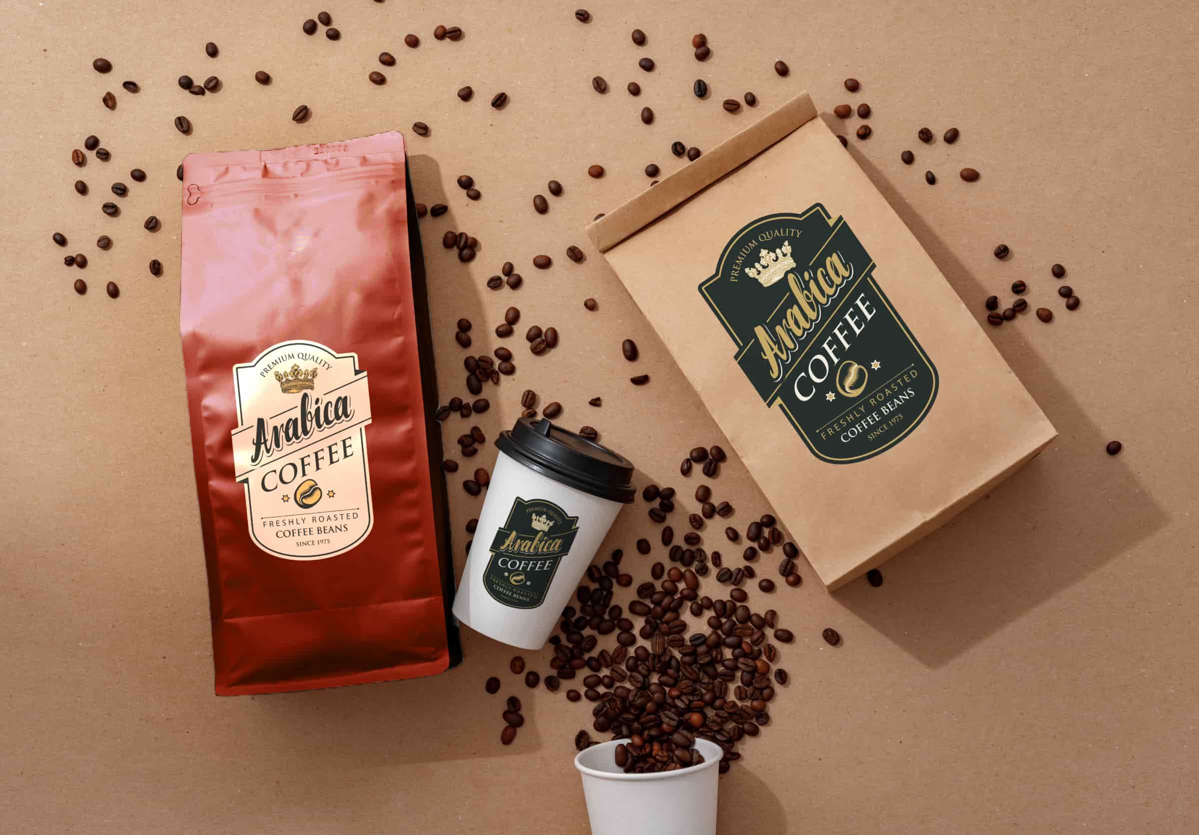 Coffee packaging pouches and products with vintage design labels.