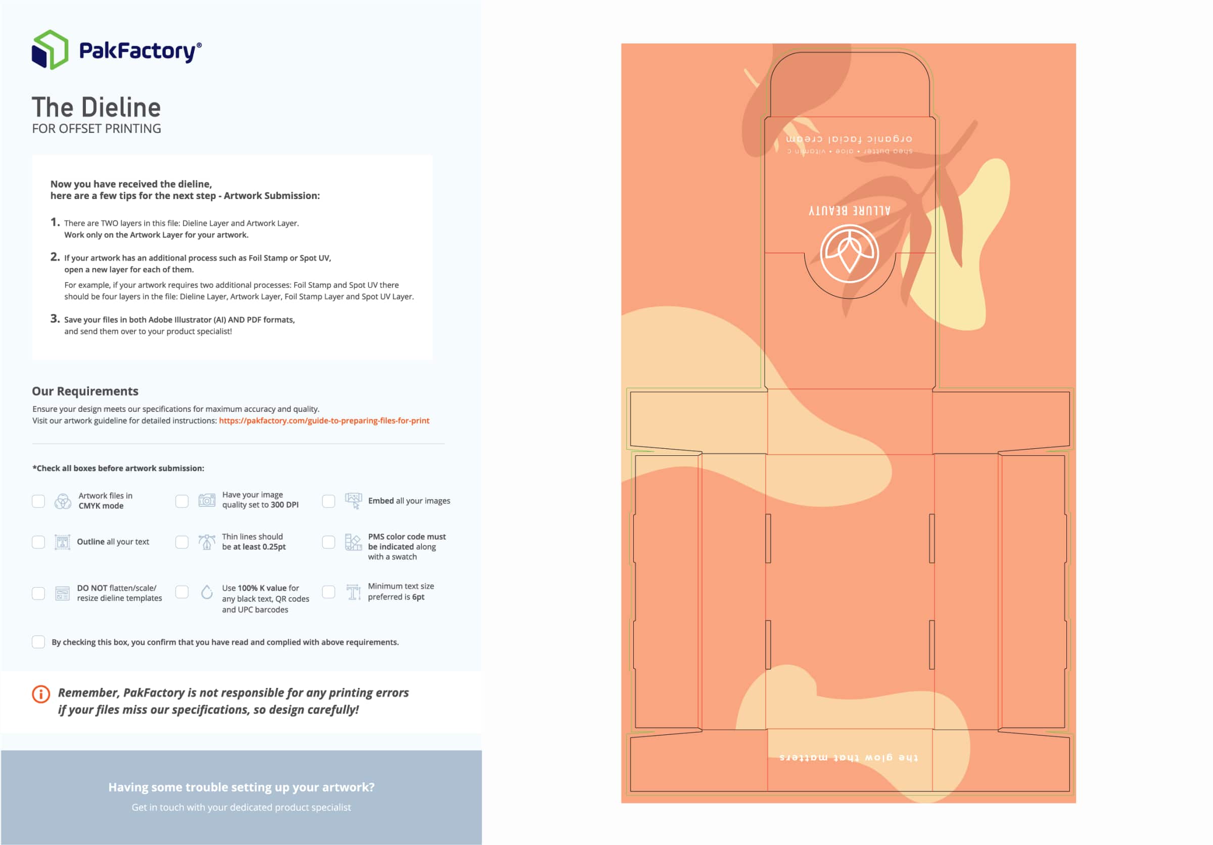 A pre-pressed file on dieline with artwork guideline.