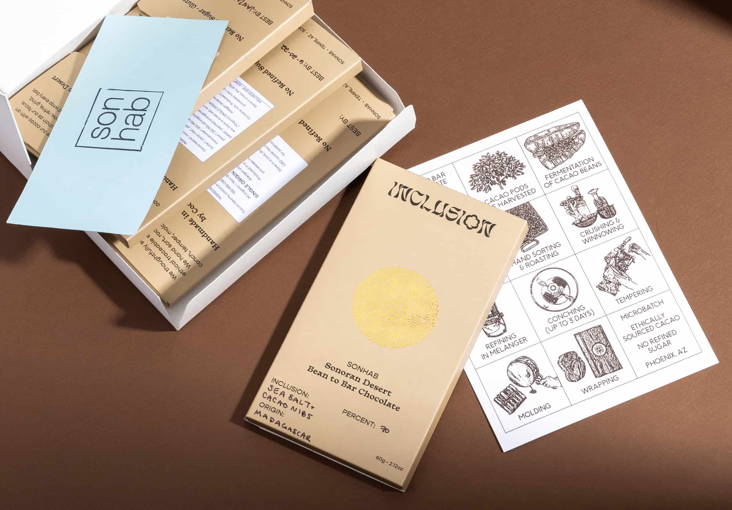 Sonhab chocolate packagings in a mailer box with paper card insert