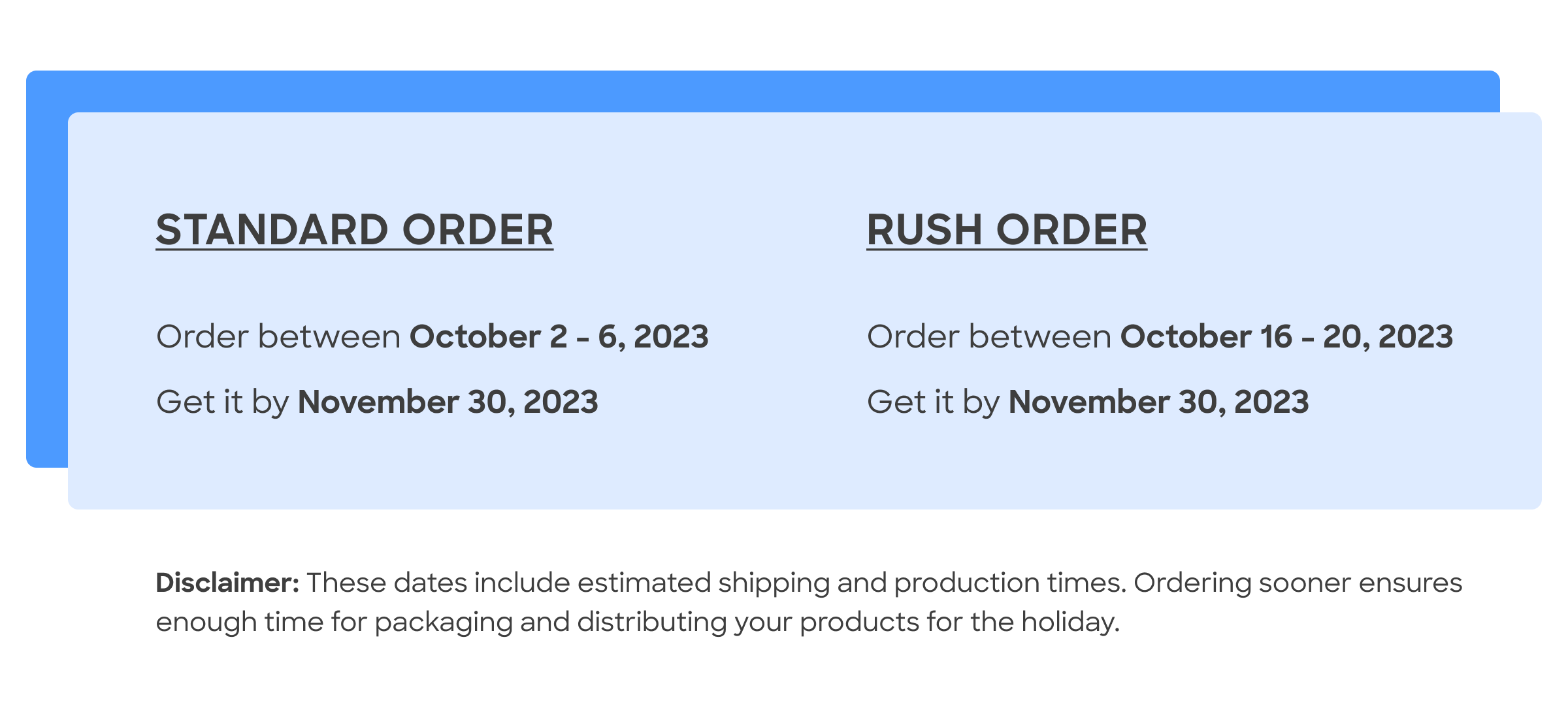 Ordering deadlines for standard and rush orders for holiday packaging