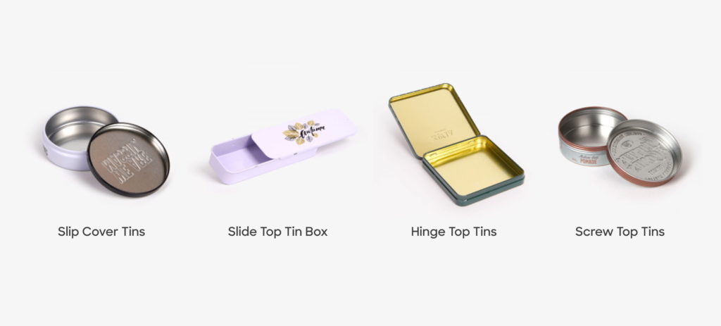 Examples of different tin lid styles: tin box with slipcover, slide top, hinged lid/ hinge top, and screw top