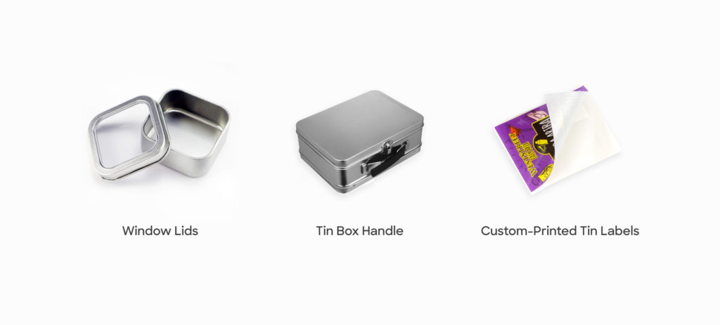 Tin packaging merchandising options: tin window lids, tin box handle, custom printed tin labels