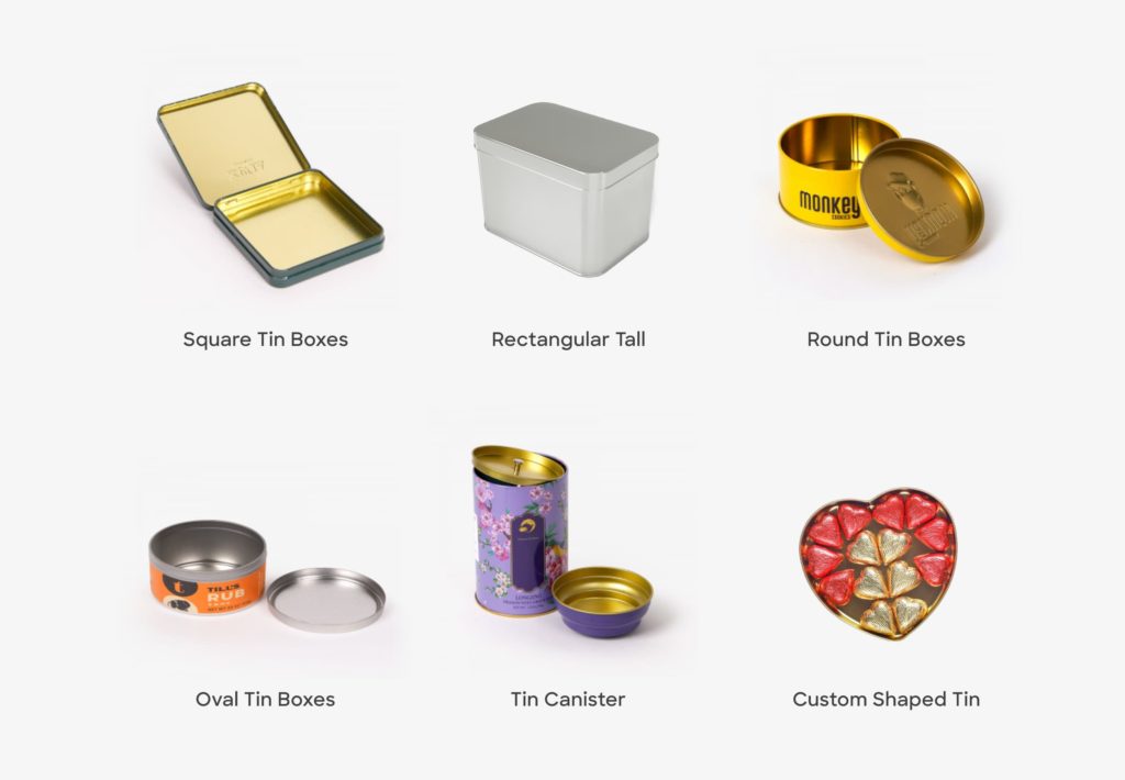 Different tin shapes: square tin packaging, tall rectangular tin, round tin packaging, oval tin boxes, tin canister, and custom heart shaped tin box